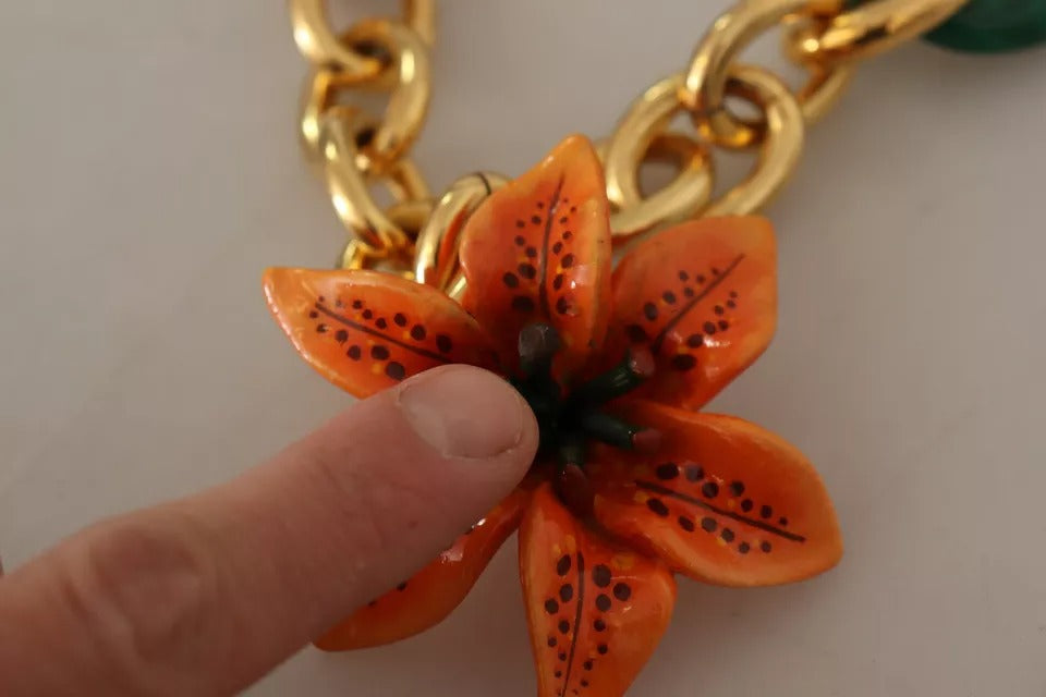 Multicolor Gold Orange Lily Floral Chain Necklace