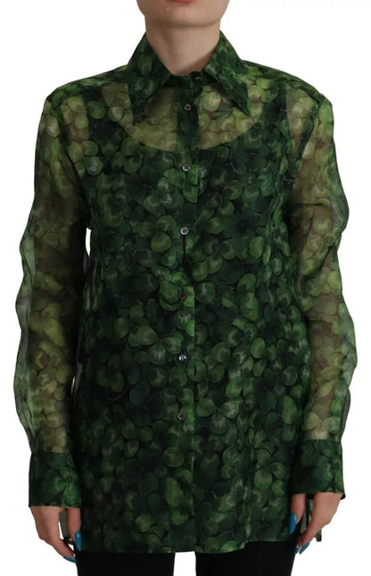 Green Clover Print Long Sleeves Collared Top Blouse