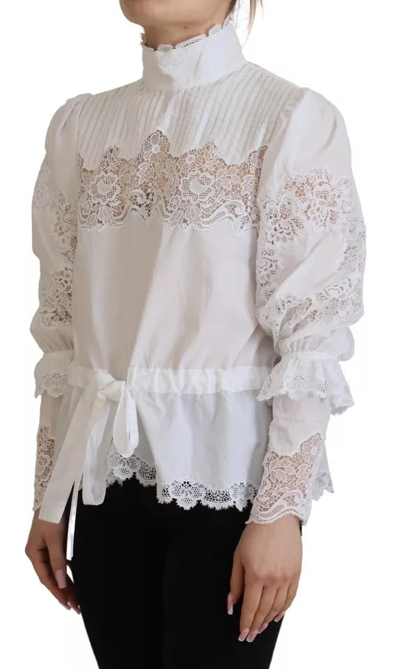 White Lace Trim Turtleneck Blouse Cotton Top