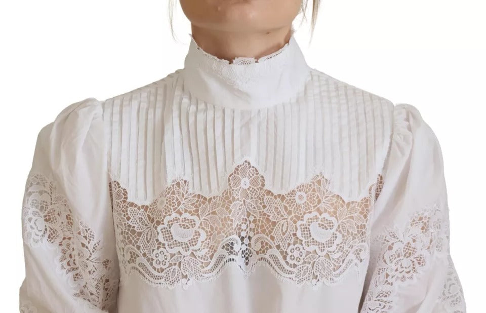 White Lace Trim Turtleneck Blouse Cotton Top