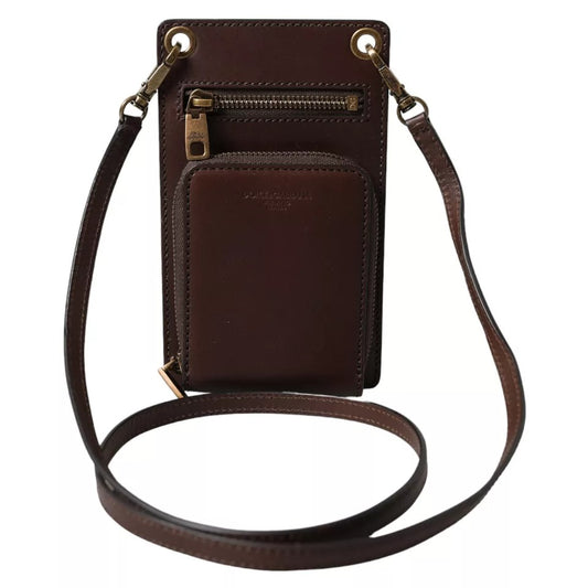 Brown Calf Leather Zip Logo Shoulder Neck Strap Wallet