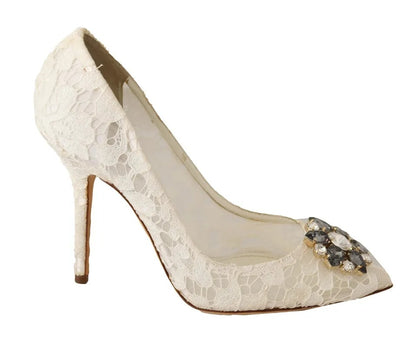 White Taormina Lace Crystal Heels Pumps Shoes