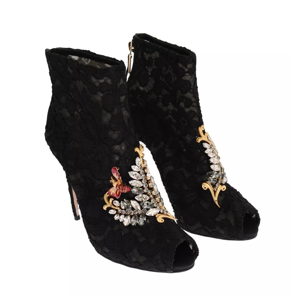 Black Crystal Lace Booties Stilettos Shoes