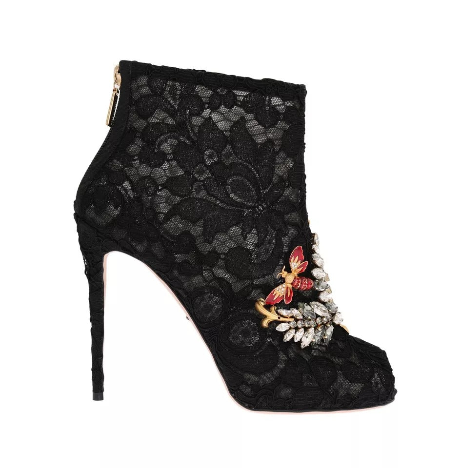 Black Crystal Lace Booties Stilettos Shoes