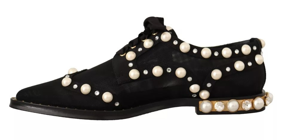 Black Lace Up Jewelled Formal Flats Shoes