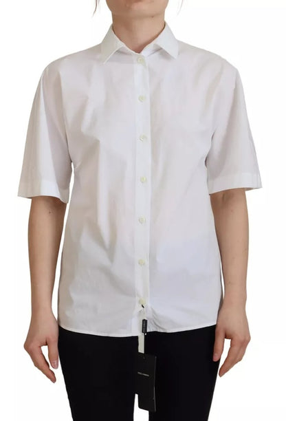 White Cotton Button Front Short Sleeve Shirt