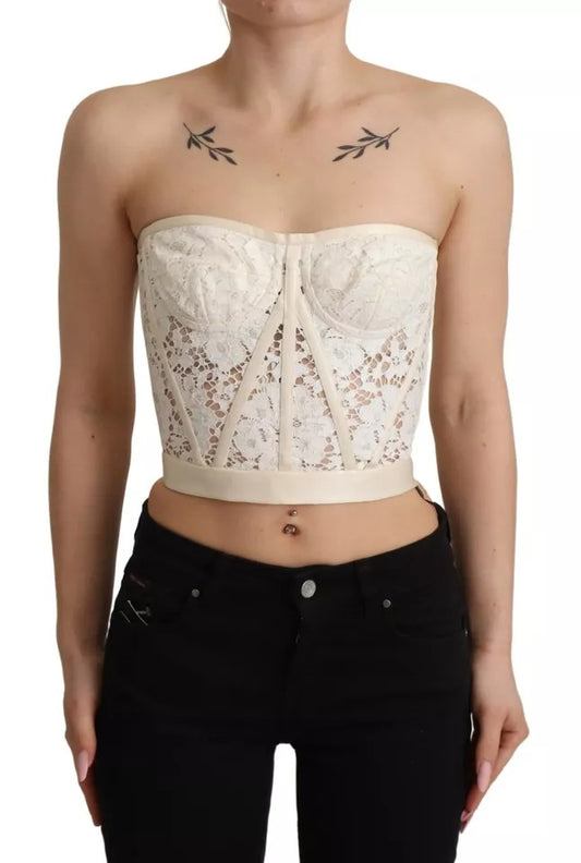 White Strapless Floral Lace Cropped Bustier Top