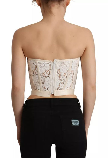 White Strapless Floral Lace Cropped Bustier Top