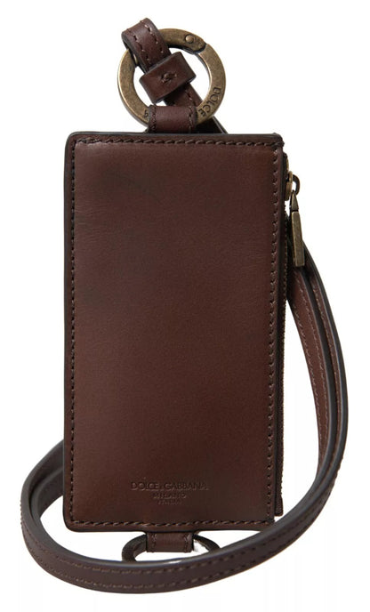 Brown Leather Lanyard Logo Card Holder Men Wallet