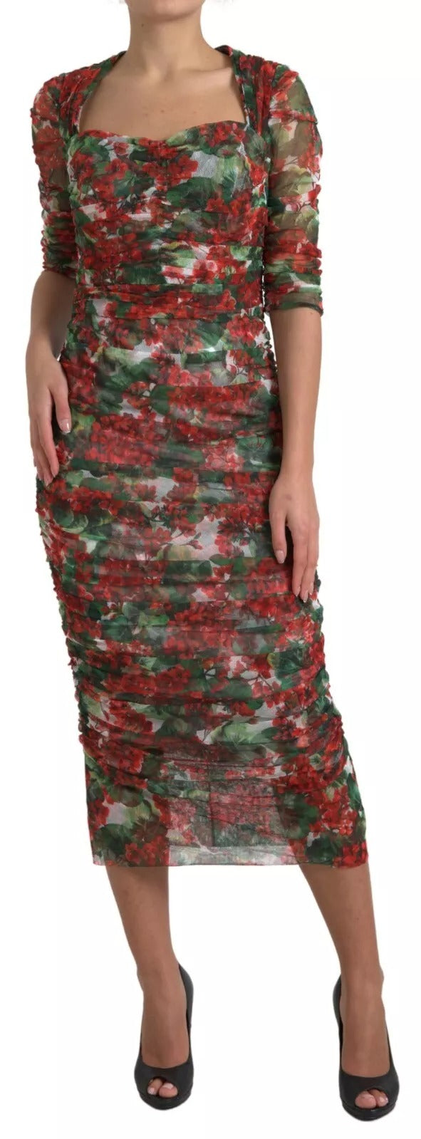 Red Floral Print Tulle Sheath Midi Dress