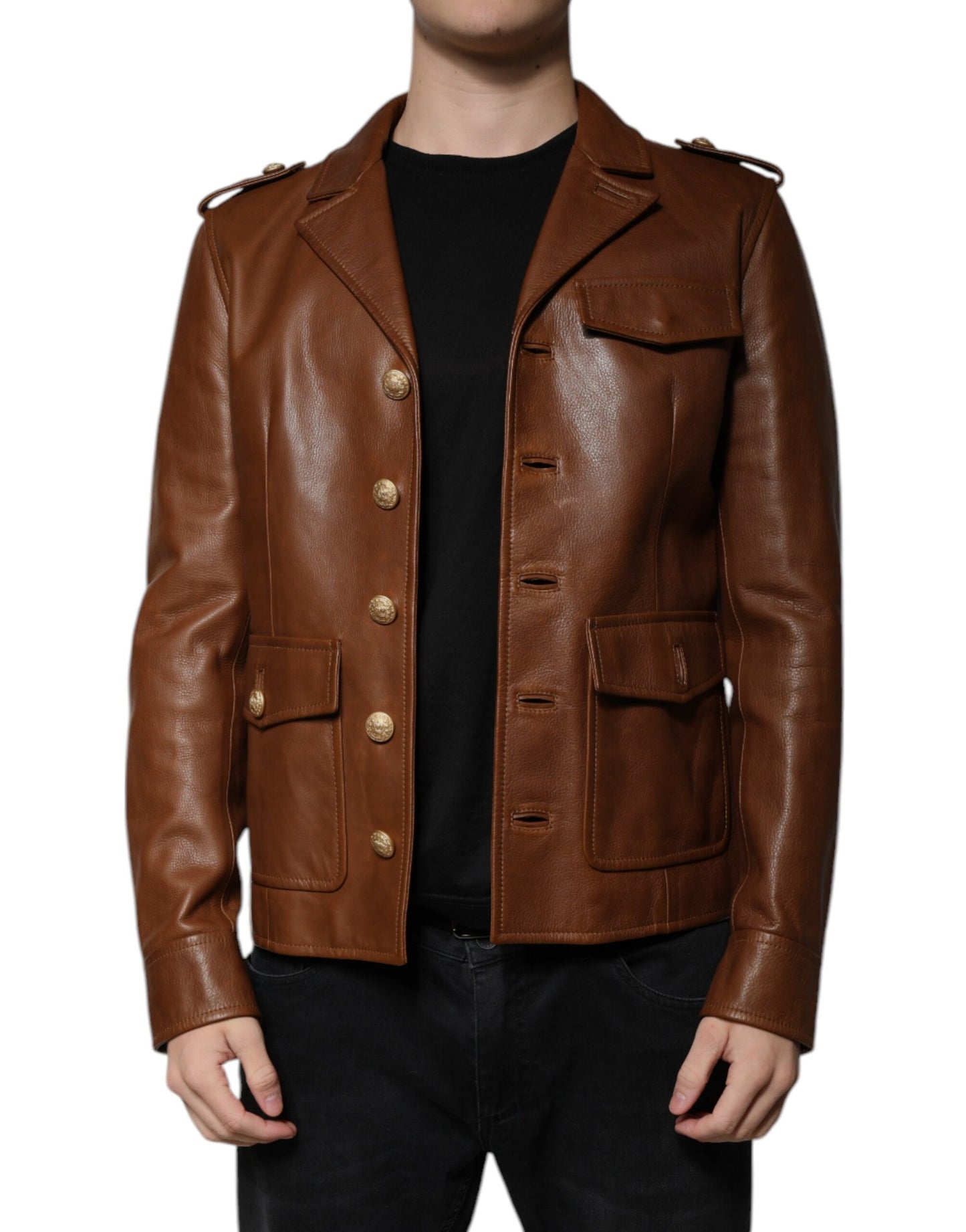 Brown Calfskin Leather Button Down Jacket