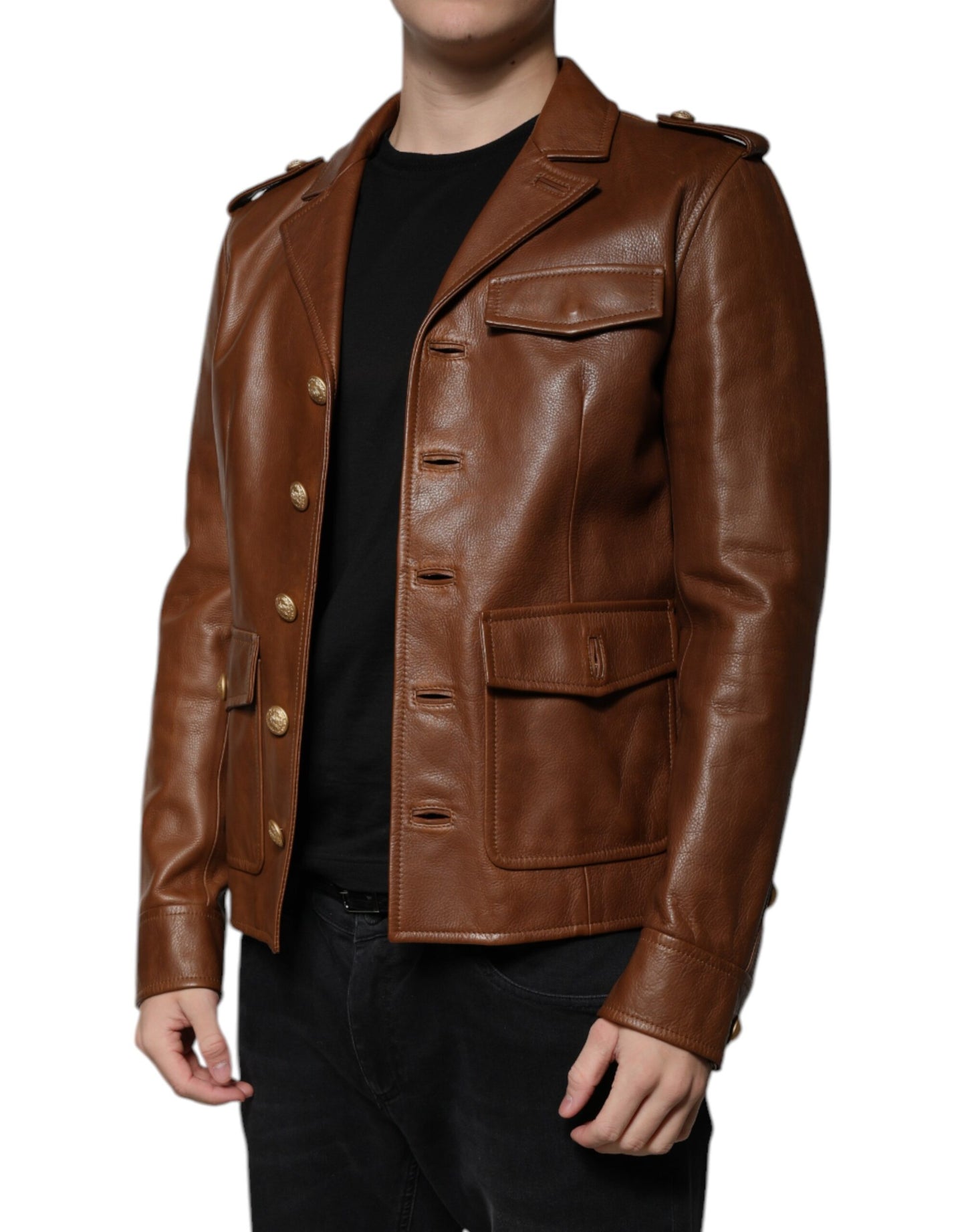 Brown Calfskin Leather Button Down Jacket