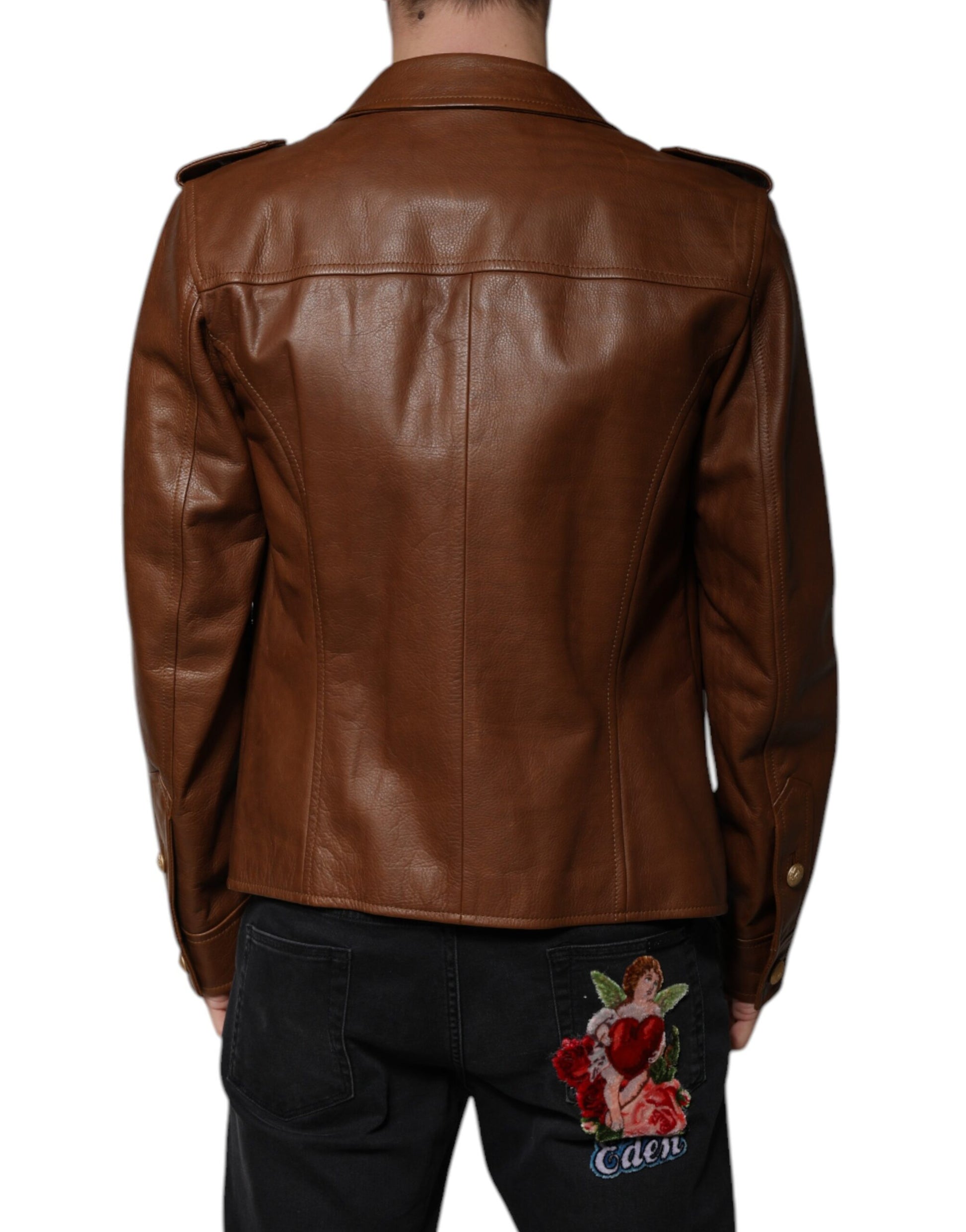 Brown Calfskin Leather Button Down Jacket