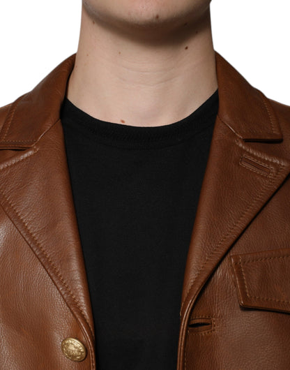 Brown Calfskin Leather Button Down Jacket