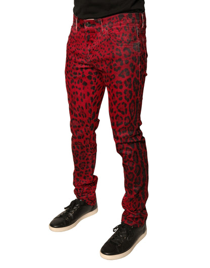 Red Leopard Cotton Stretch Skinny Denim Jeans