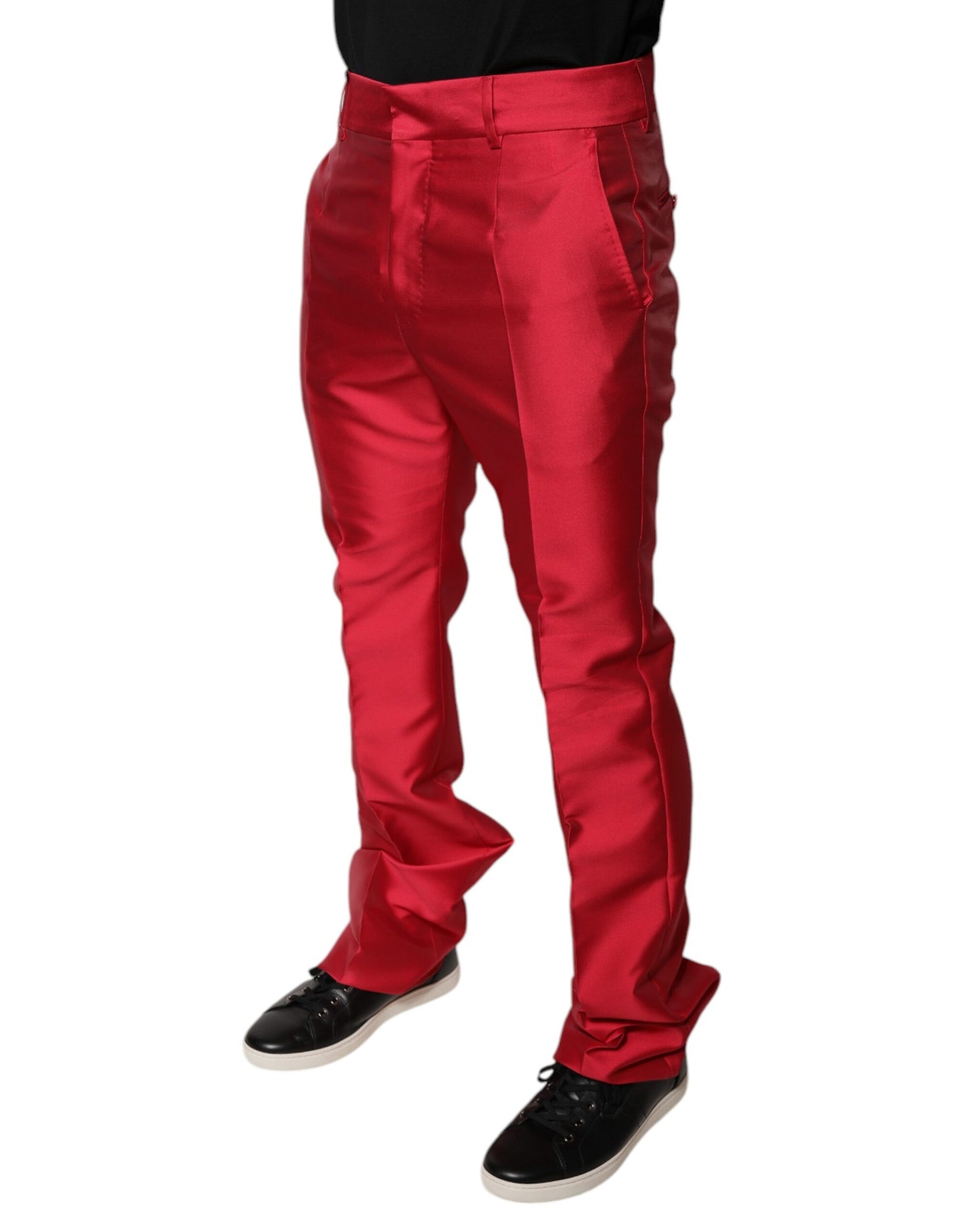 Red Silk Slim Fit Mid Waist Dress Formal Pants