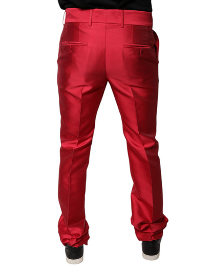 Red Silk Slim Fit Mid Waist Dress Formal Pants