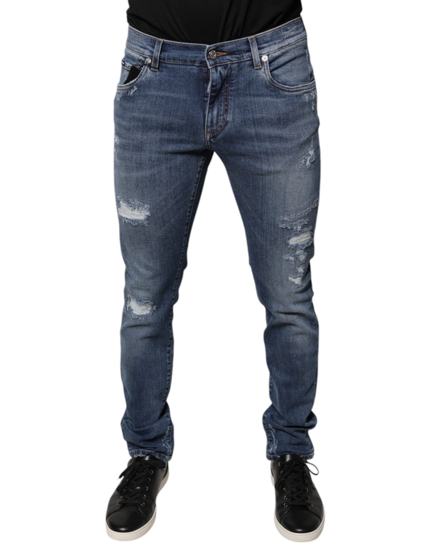 Blue Tattered Cotton Stretch Skinny Denim Jeans