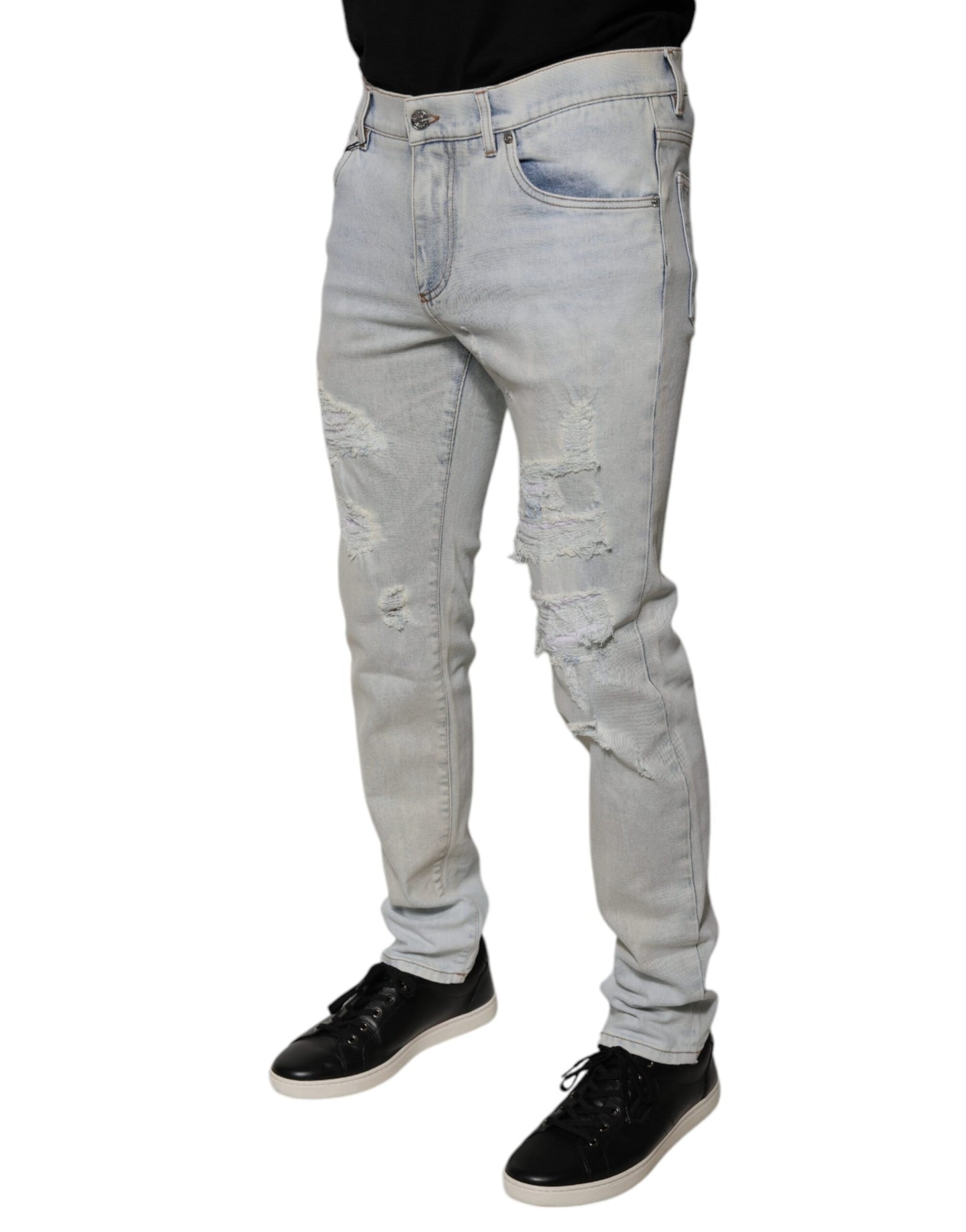 Light Blue Cotton Blend Tattered Skinny Denim Jeans