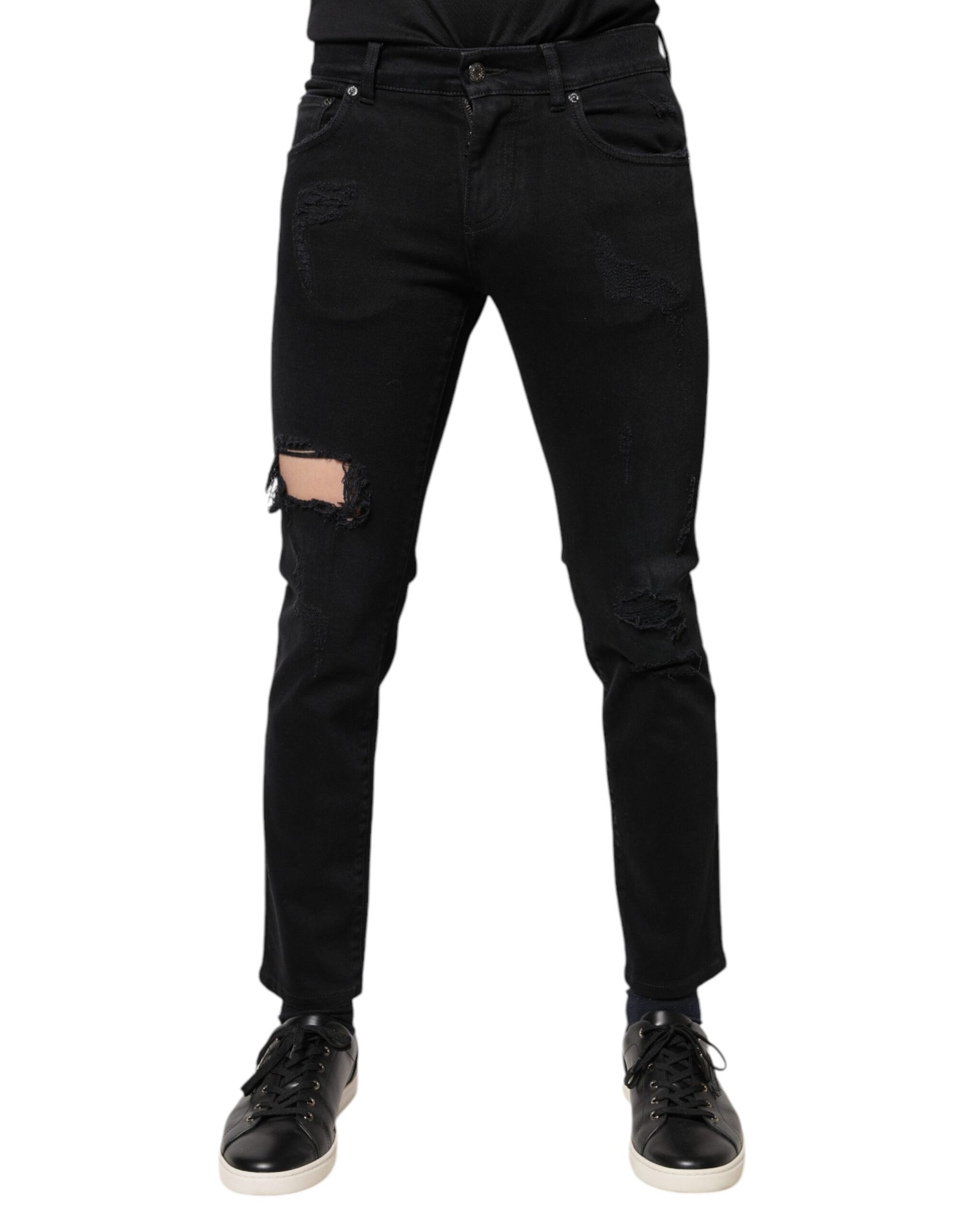 Black Cotton Tattered Skinny Denim Logo Jeans