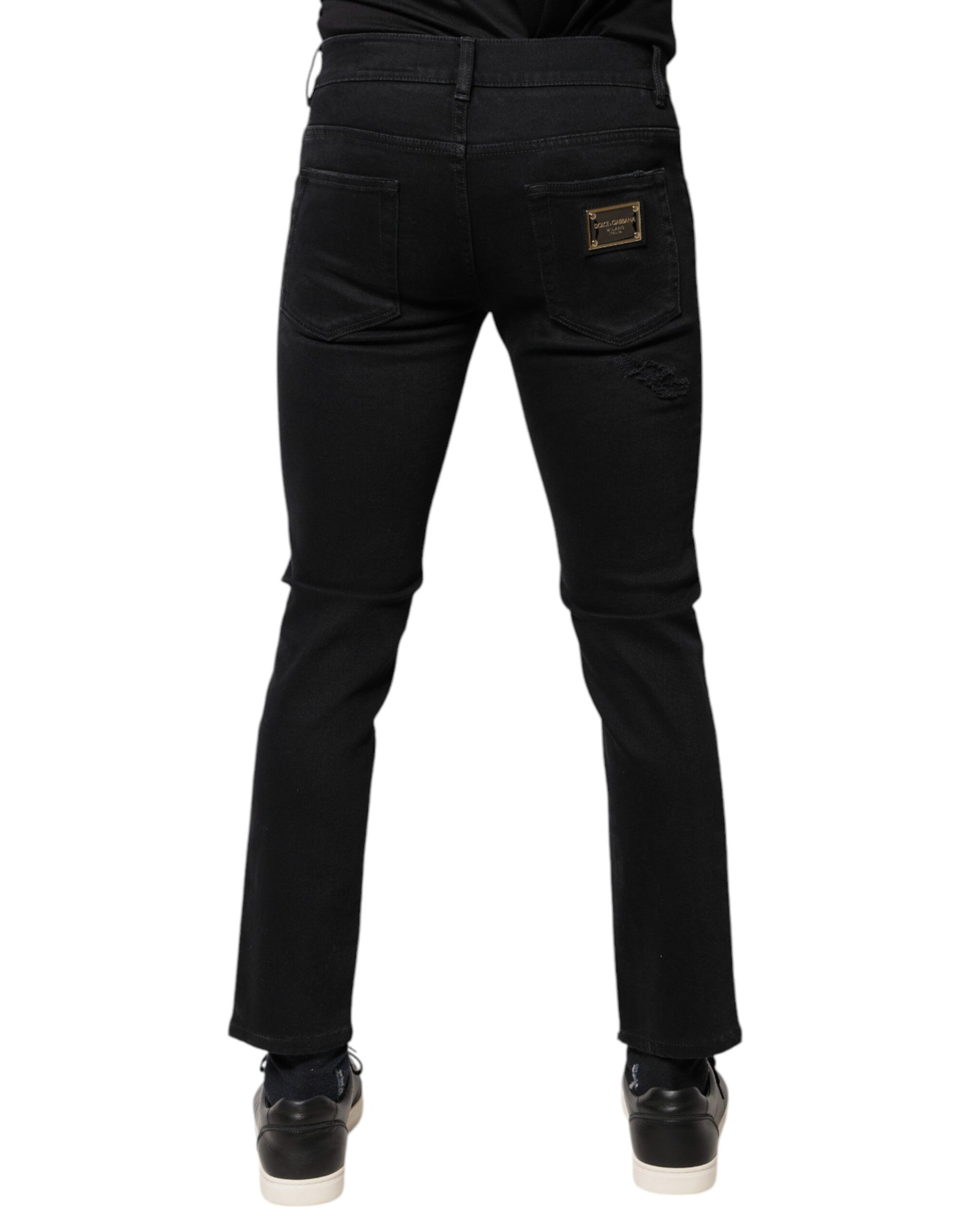 Black Cotton Tattered Skinny Denim Logo Jeans