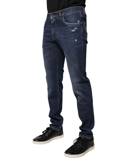 Blue Cotton Logo Print Slim Fit Denim Jeans