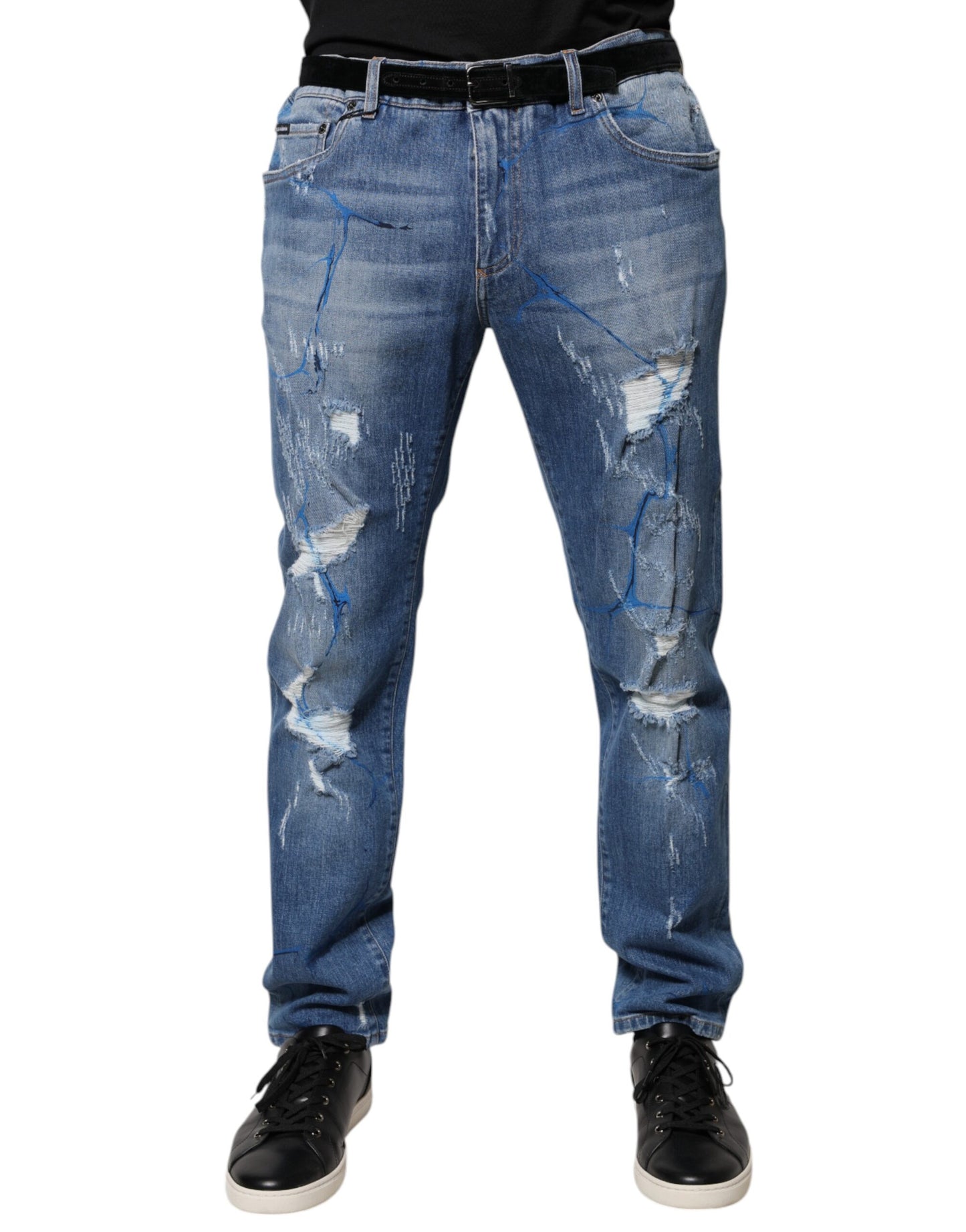 Blue Cotton Stretch Tattered Skinny Denim Jeans