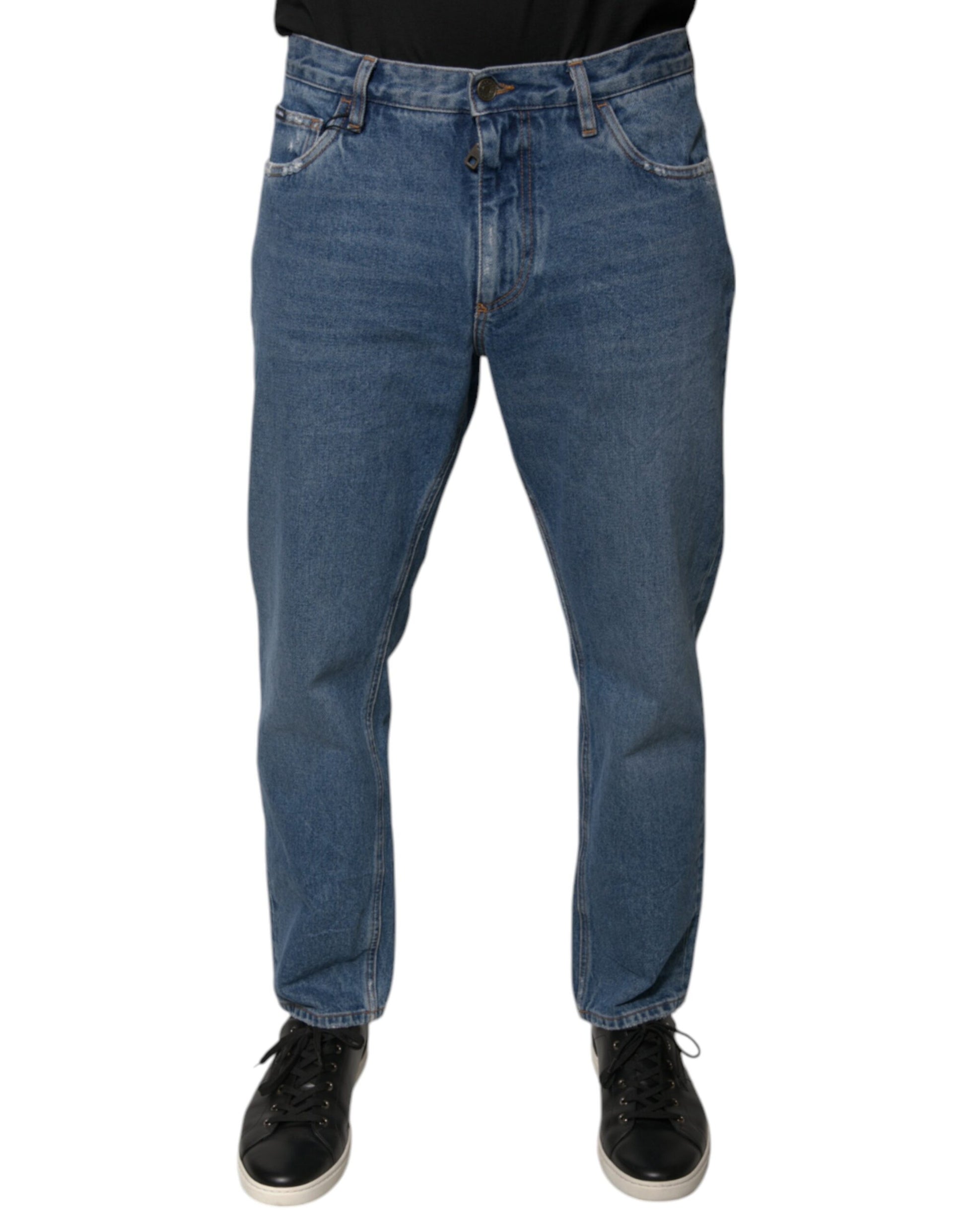 Blue Cotton Logo Men Loose Denim Jeans