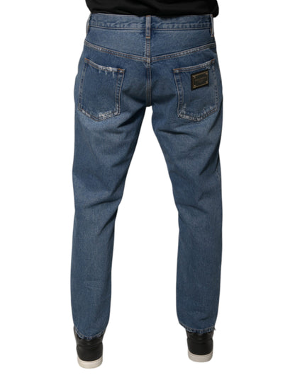 Blue Cotton Logo Men Loose Denim Jeans