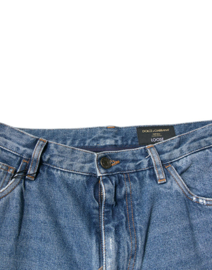 Blue Cotton Logo Men Loose Denim Jeans