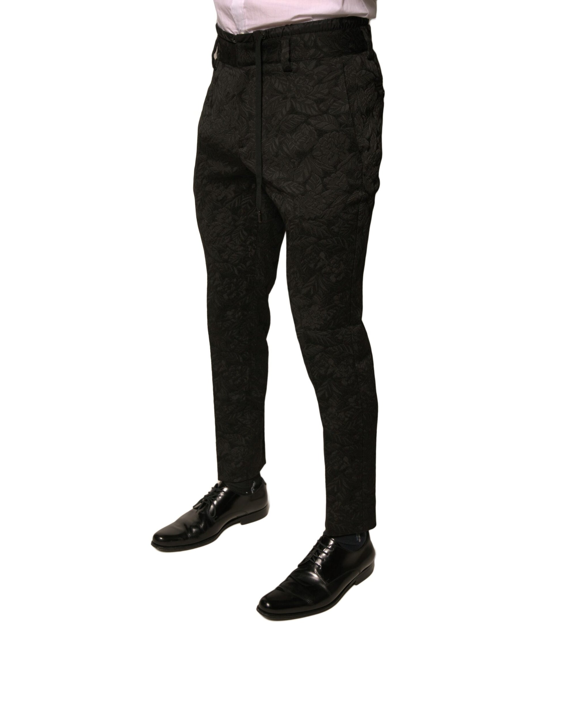 Black Brocade Polyester Skinny Men Dress Pants