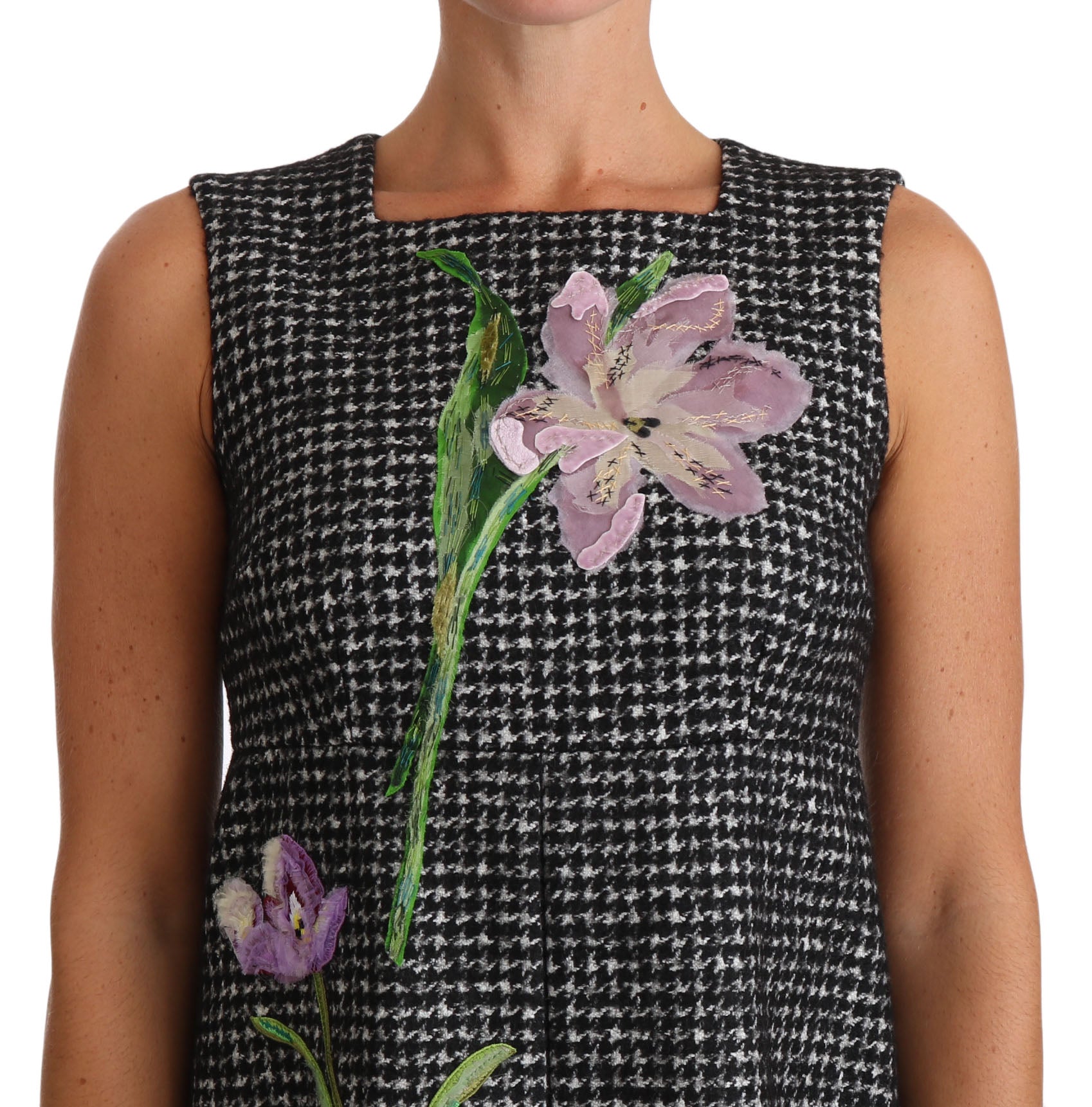 Houndstooth Floral Appliqué Shift Dress