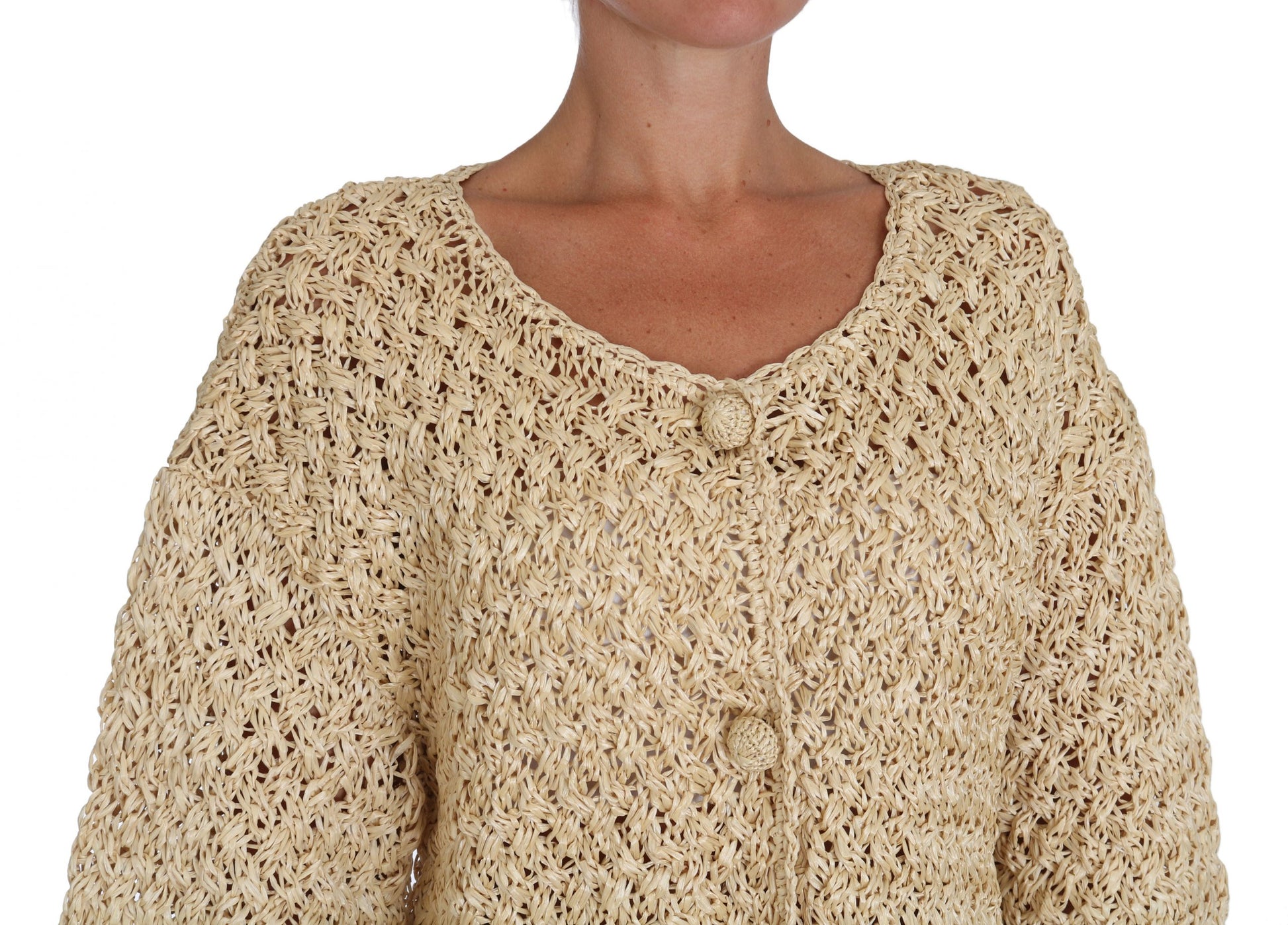 Schicke beige Strickjacke aus Häkelbast