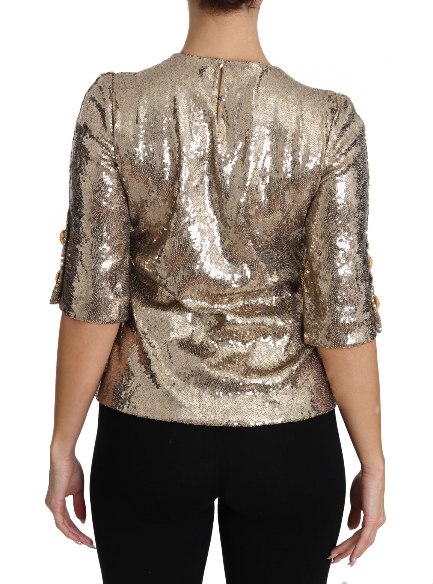 Goldene Bluse mit Rundhalsausschnitt und Papageienmotiv und Kristallen