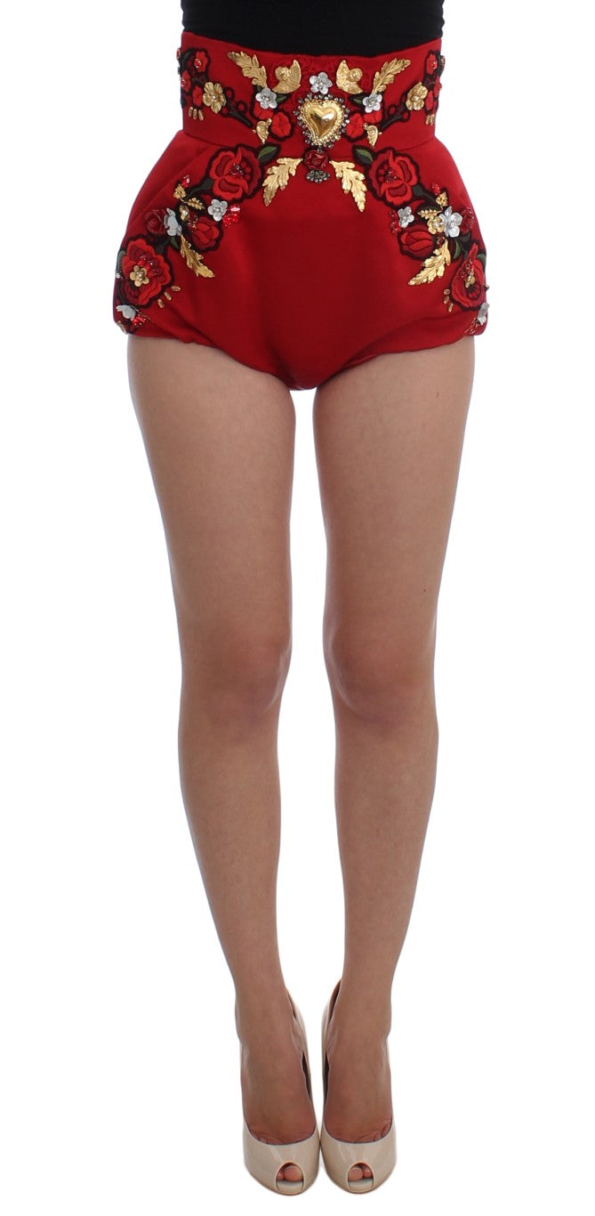 Rote Shorts mit hoher Taille aus Seide mit Kristallverzierung