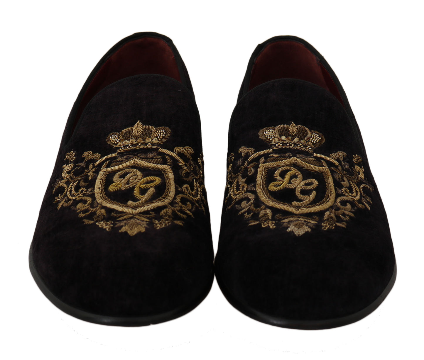 Elegante schwarze Loafer mit goldener Kronenstickerei