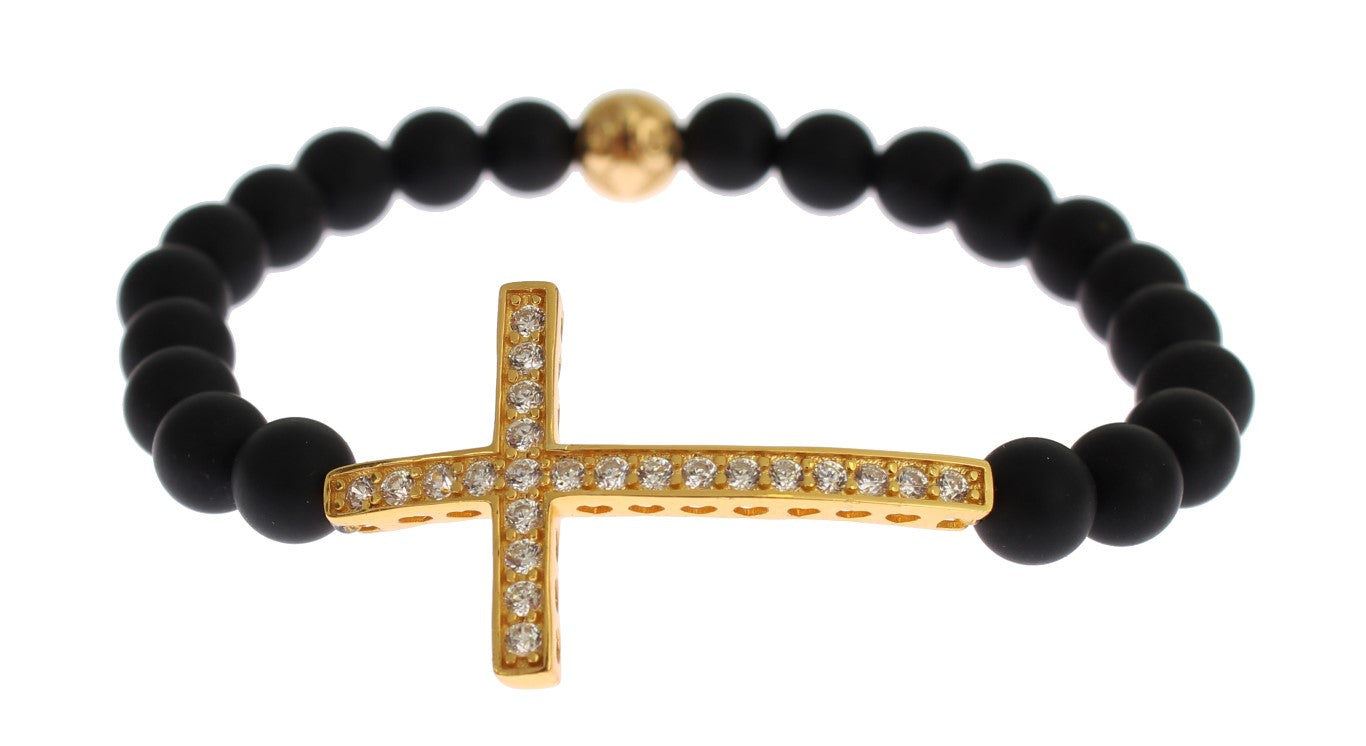 Schickes Armband mit mattiertem Onyx und CZ-Diamantkreuz