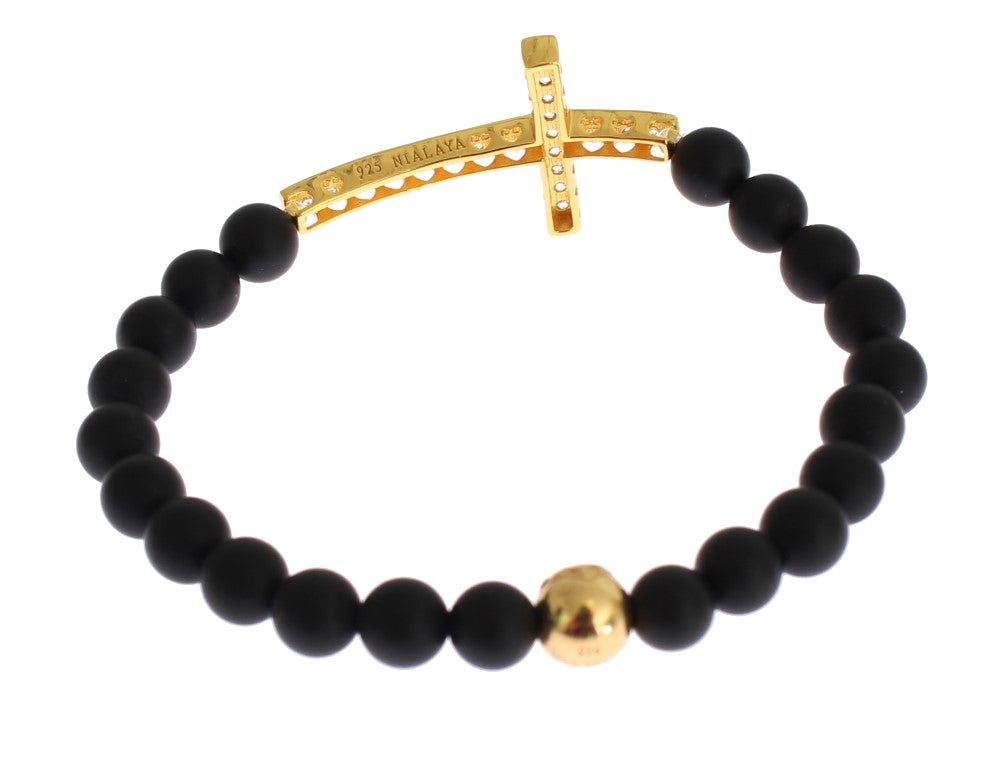 Schickes Armband mit mattiertem Onyx und CZ-Diamantkreuz